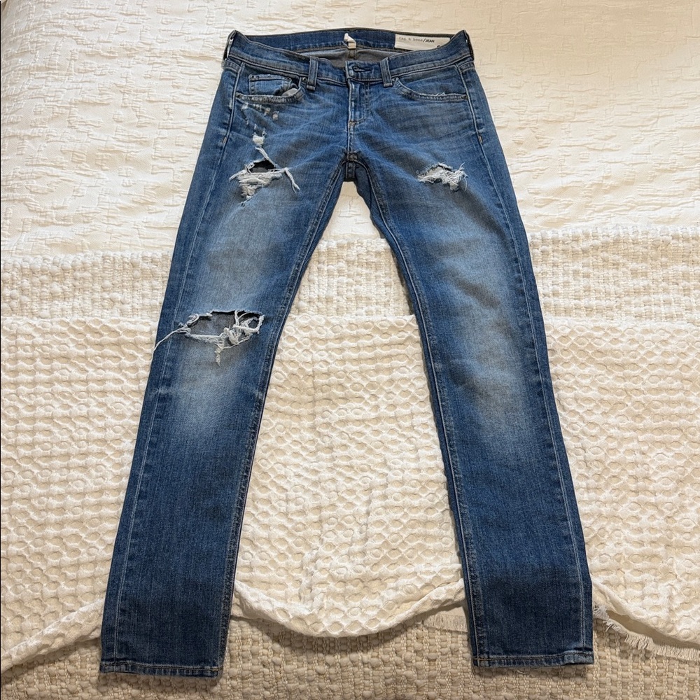 rag & bone Women's Distressed Blue Straight Leg Jeans